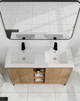 Top-down view of a 48 inch vanity for bathroom with double integrated resin sinks and center open storage | Ace Decor