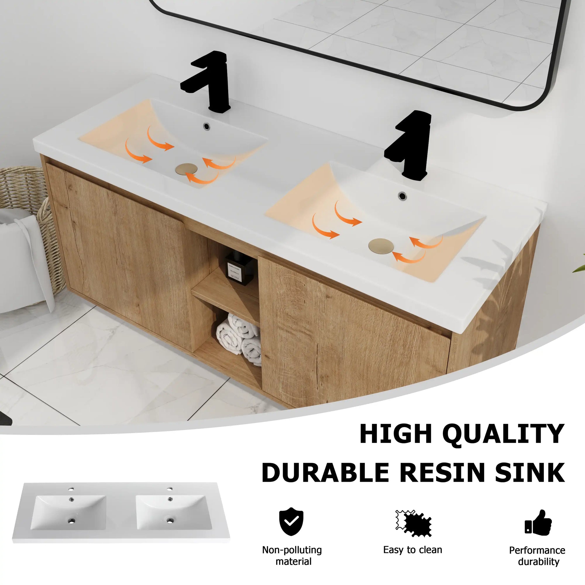 Close-up of 48 inch wall mounted bathroom vanity with sink showing smooth water flow in durable integrated resin sinks | Ace Decor
