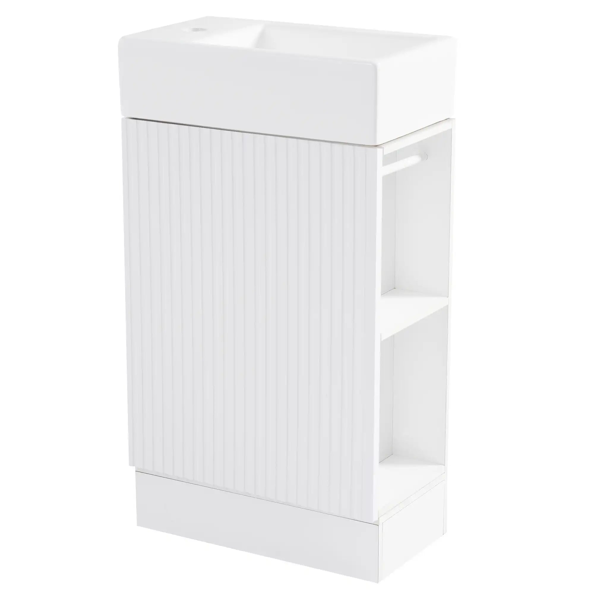 18.6" tiny vanity bathroom cabinet with side shelf, front angled view | Ace Decor