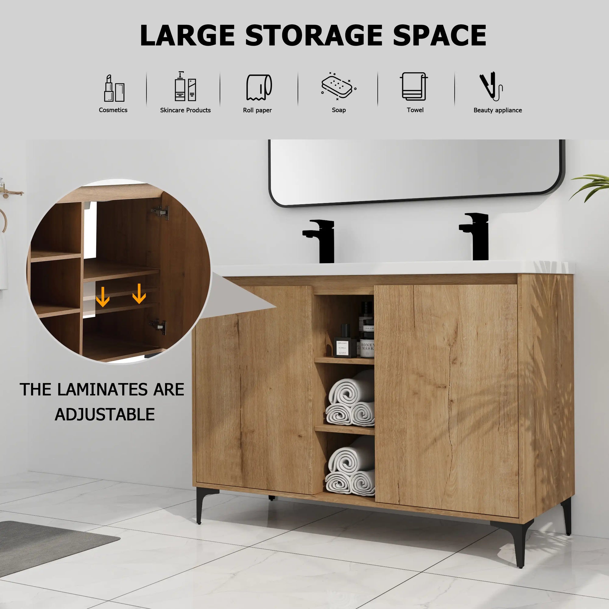 48 inch vanity for bathroom featuring large storage space with adjustable shelves for flexible organization | Ace Decor