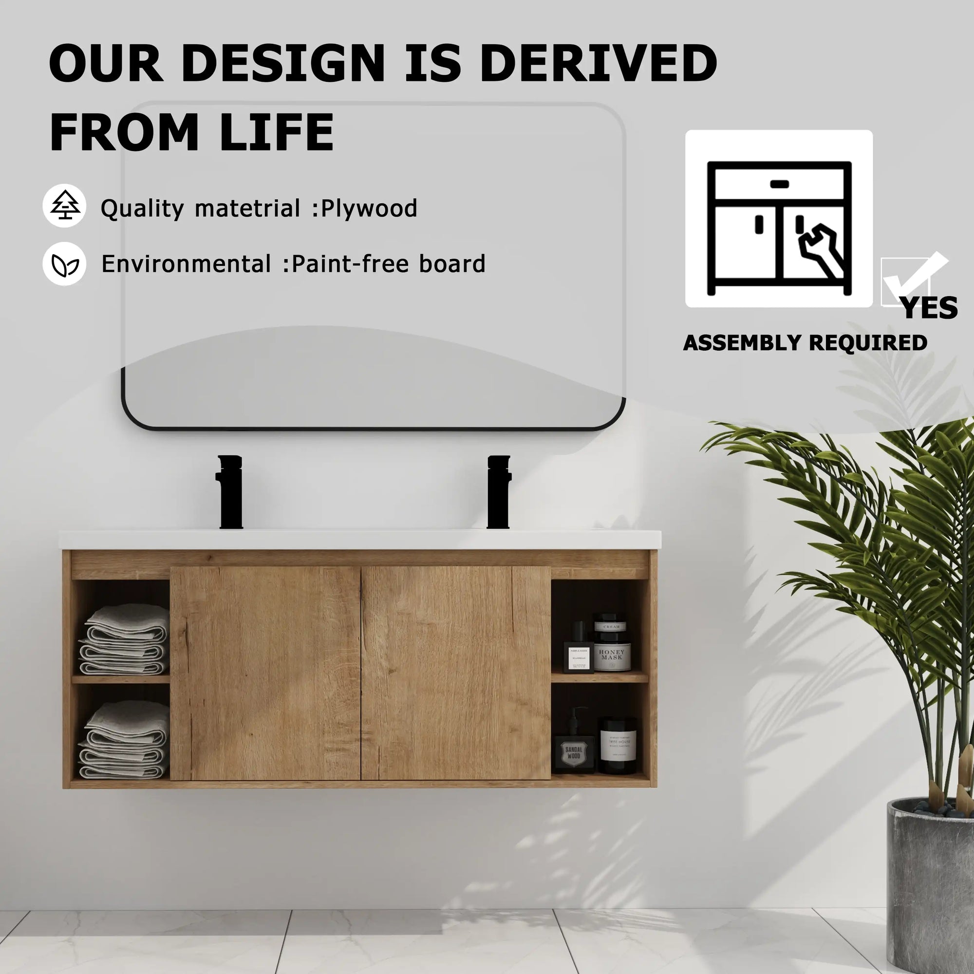 48 inch bathroom vanity wall mounted with double sinks, plywood cabinet and open side storage, product feature overview | Ace Decor