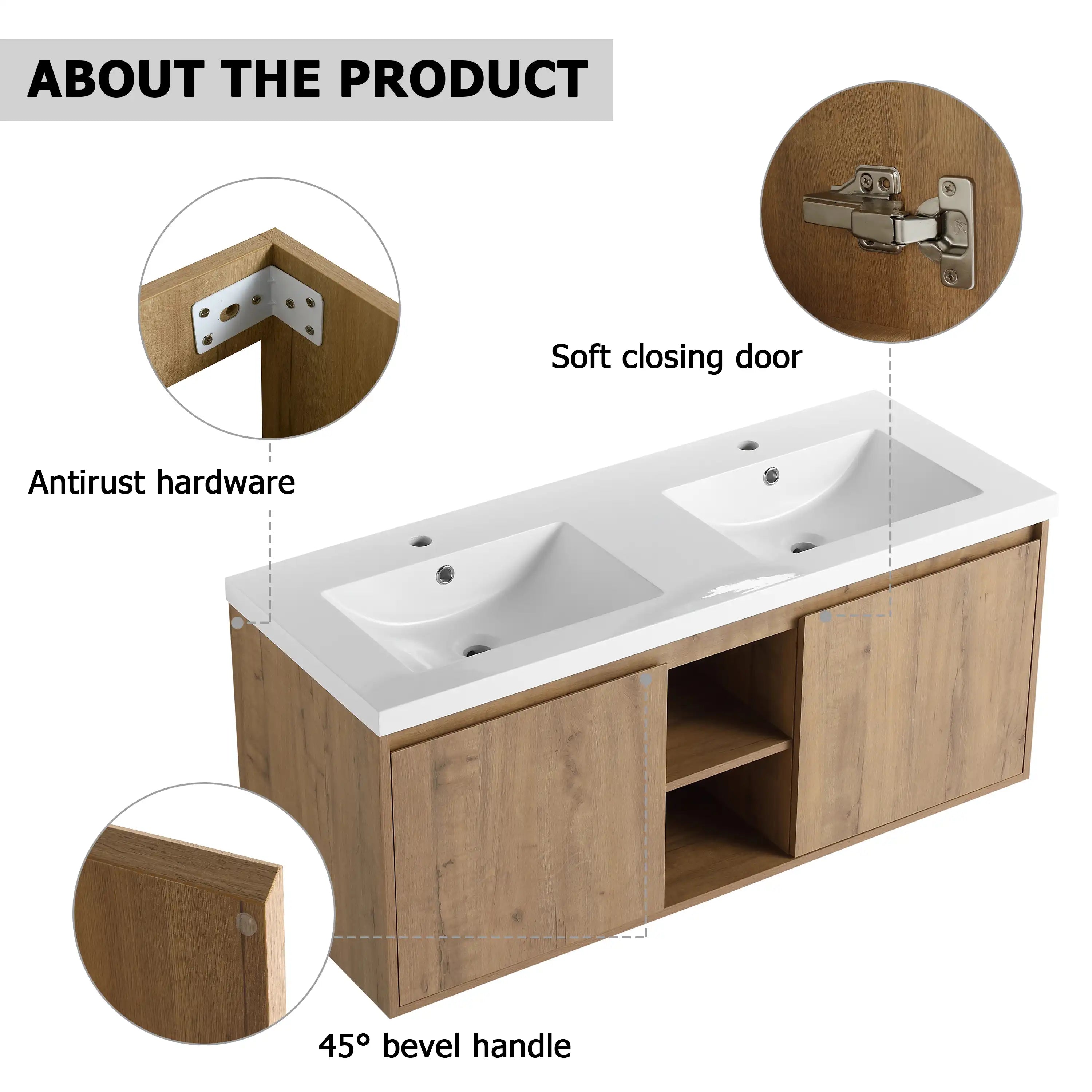 Detail view of 48 inch wall mounted bathroom vanity with sink featuring soft-close doors, anti-rust hardware, and 45-degree bevel handles | Ace Decor