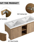 Detail view of 48 inch wall mounted bathroom vanity with sink featuring soft-close doors, anti-rust hardware, and 45-degree bevel handles | Ace Decor