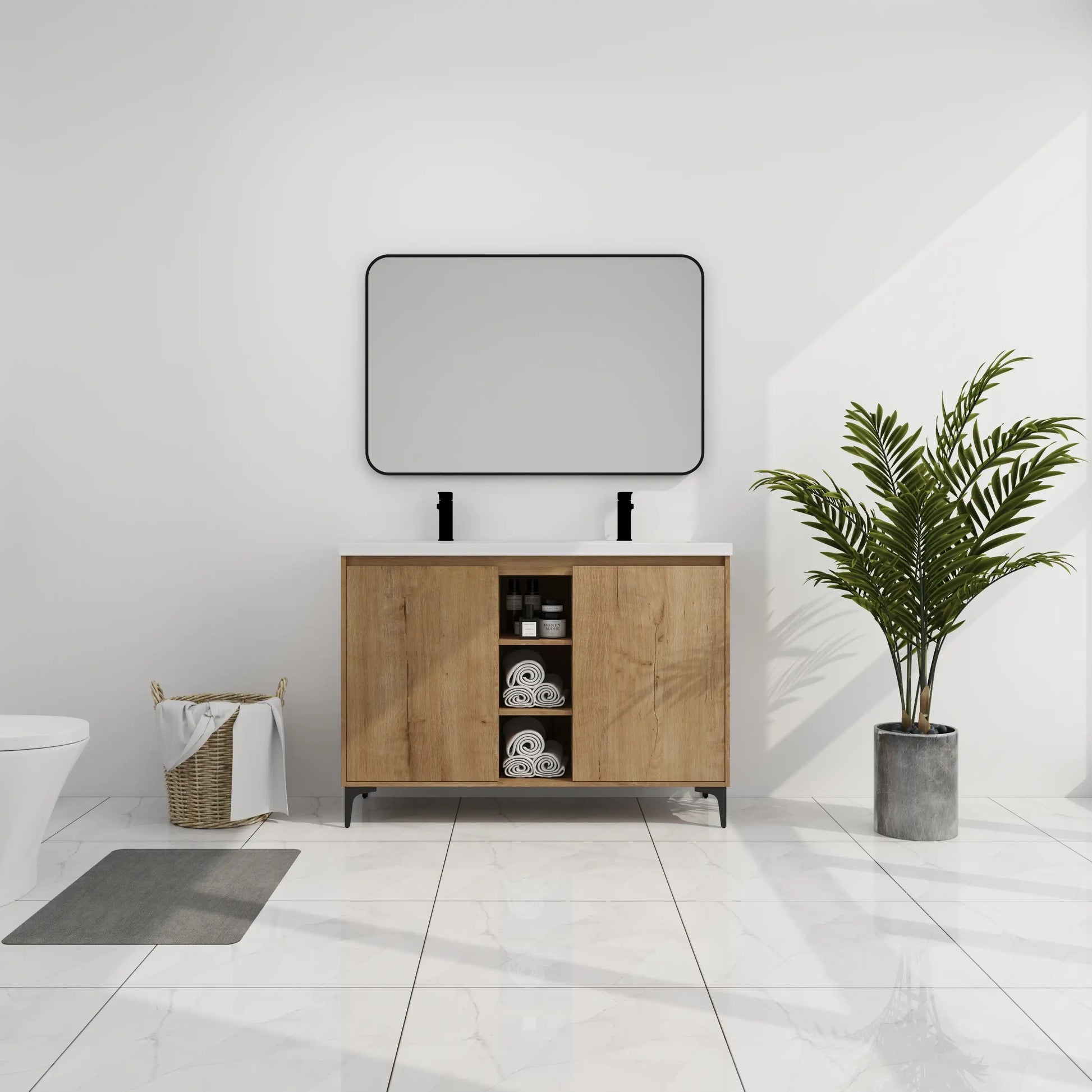 48" Freestanding Bathroom Vanity with Double Sinks & Soft Close Doors color: Imitative Oak