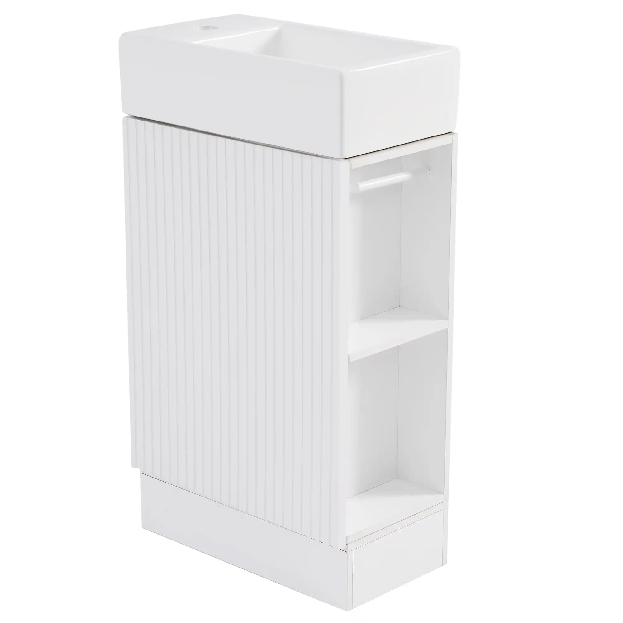 Avenra Series white bathroom vanity with two-tier side shelf and storage cabinet design.