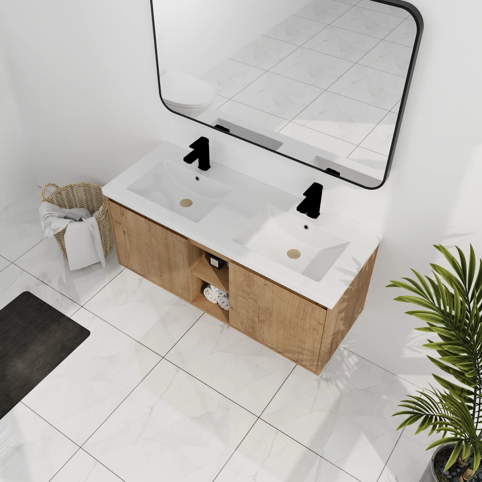 48 inch wall mounted bathroom vanity with sink featuring double integrated resin sinks and center open shelf in natural wood finish | Ace Decor