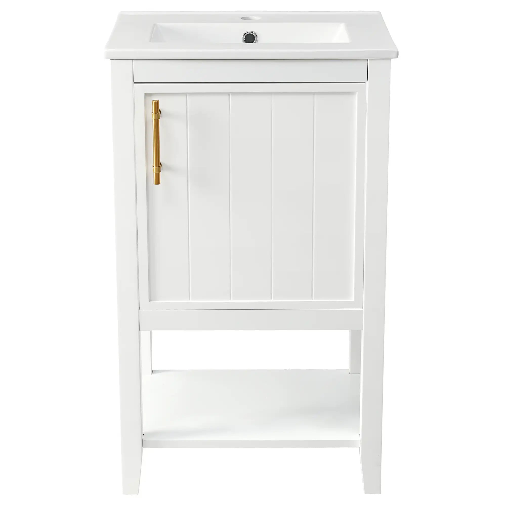 Front view of the Mistford Series classic white bathroom vanity with ceramic sink.