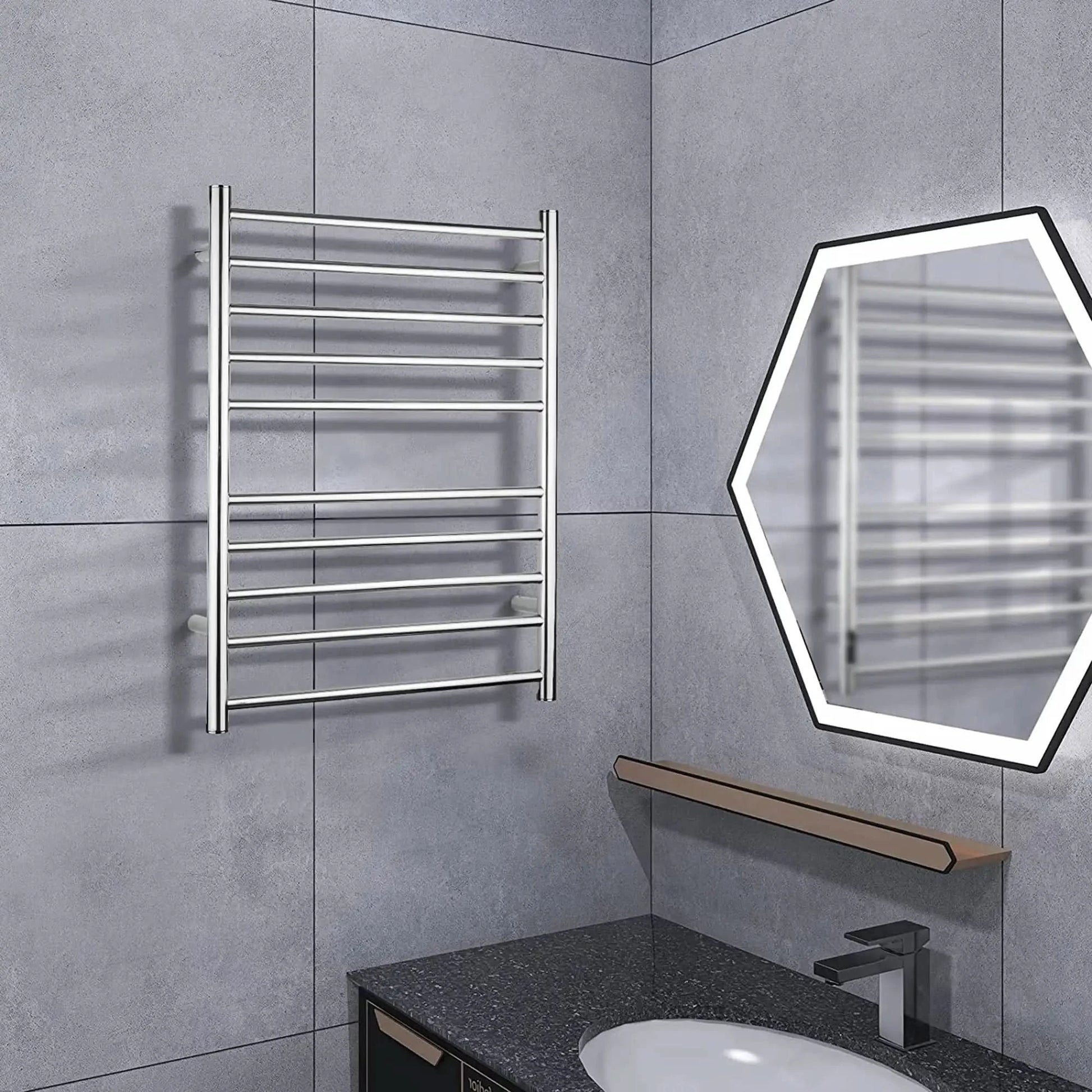 Silver Electric Heated Towel Rack - Wall-Mounted Towel Warmer with 10 Stainless Steel Bars color: Silver