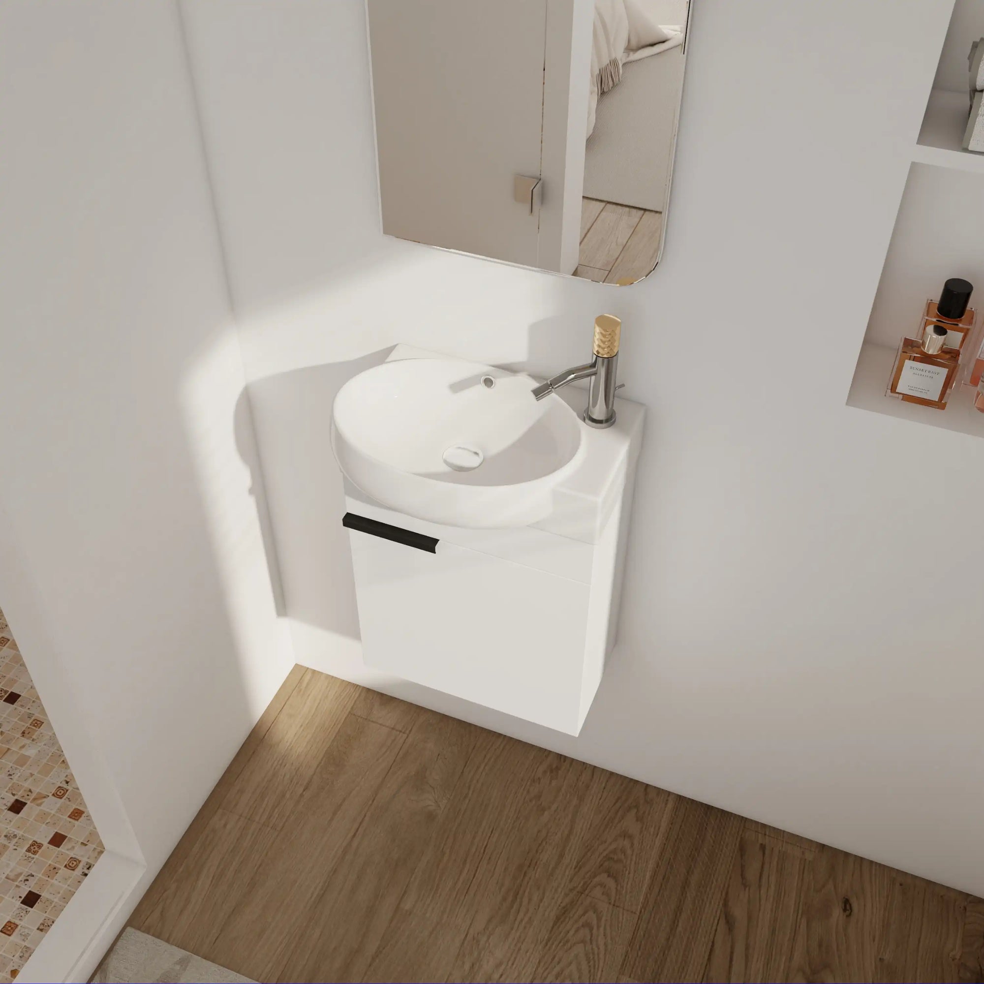 16" white wall-mounted vanity installed in a small bathroom