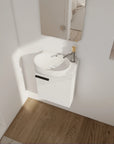 16" white wall-mounted vanity installed in a small bathroom