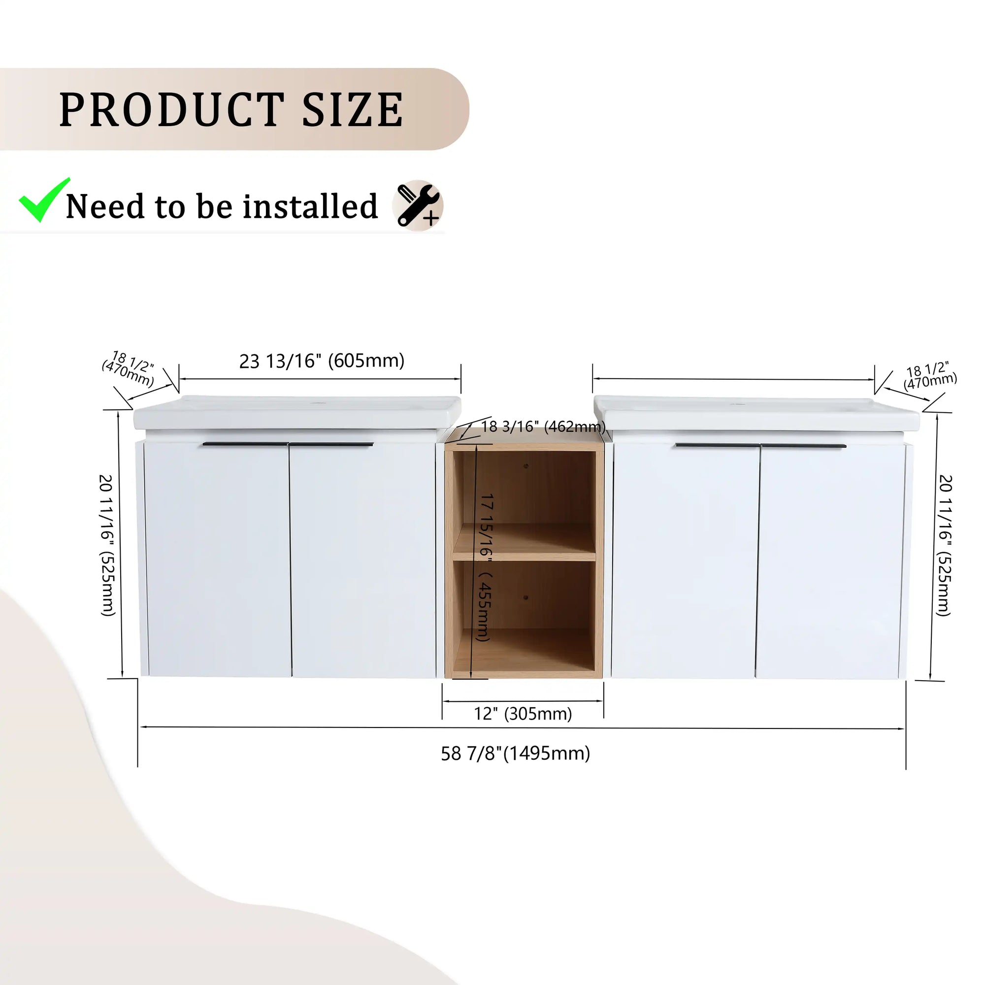60" vanity with shelf on the side product size diagram for double sink wall-mounted vanity | Ace Decor