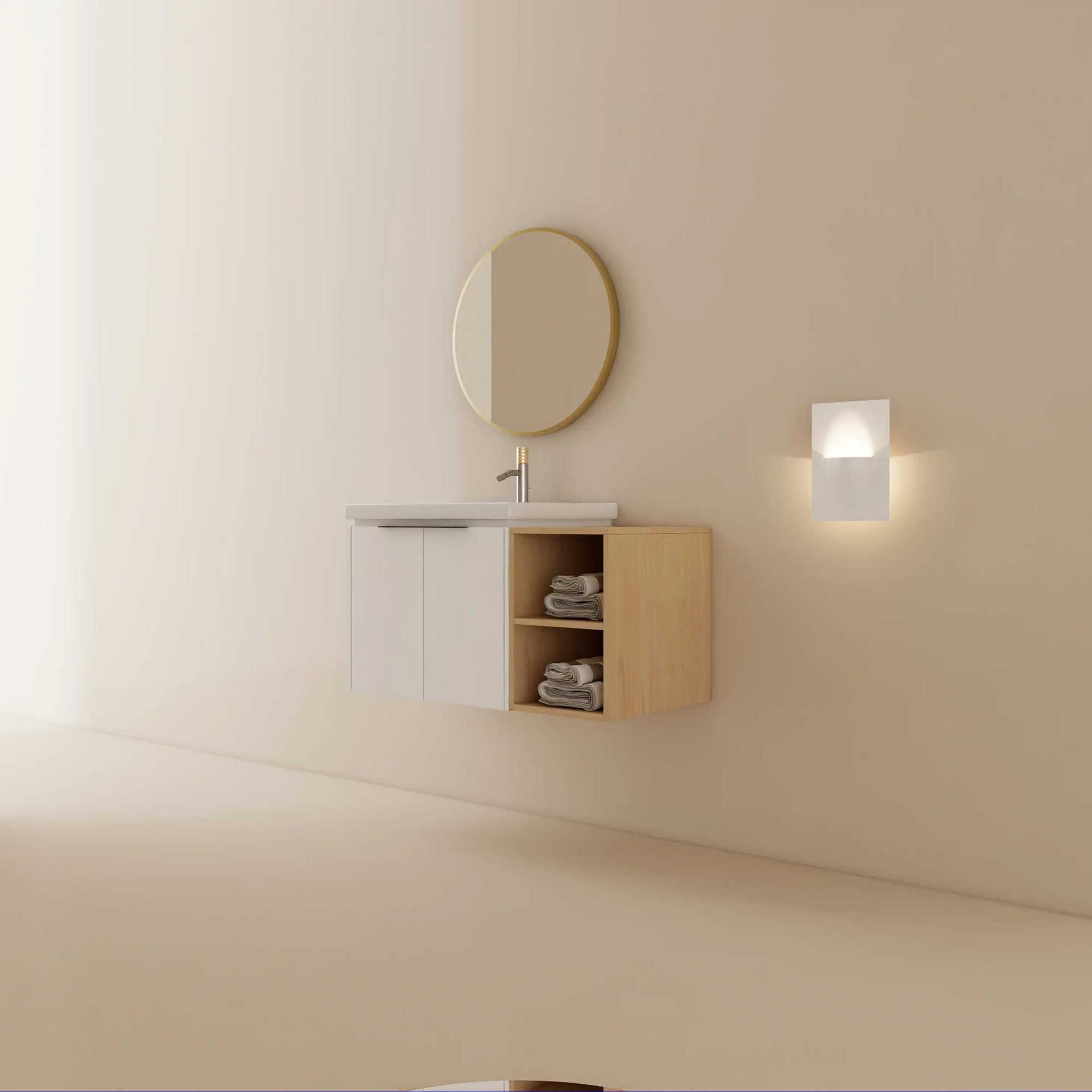 36" bathroom vanity with side shelf wall mounted floating vanity installed in modern bathroom | Ace Decor
