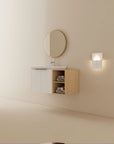 36" bathroom vanity with side shelf wall mounted floating vanity installed in modern bathroom | Ace Decor