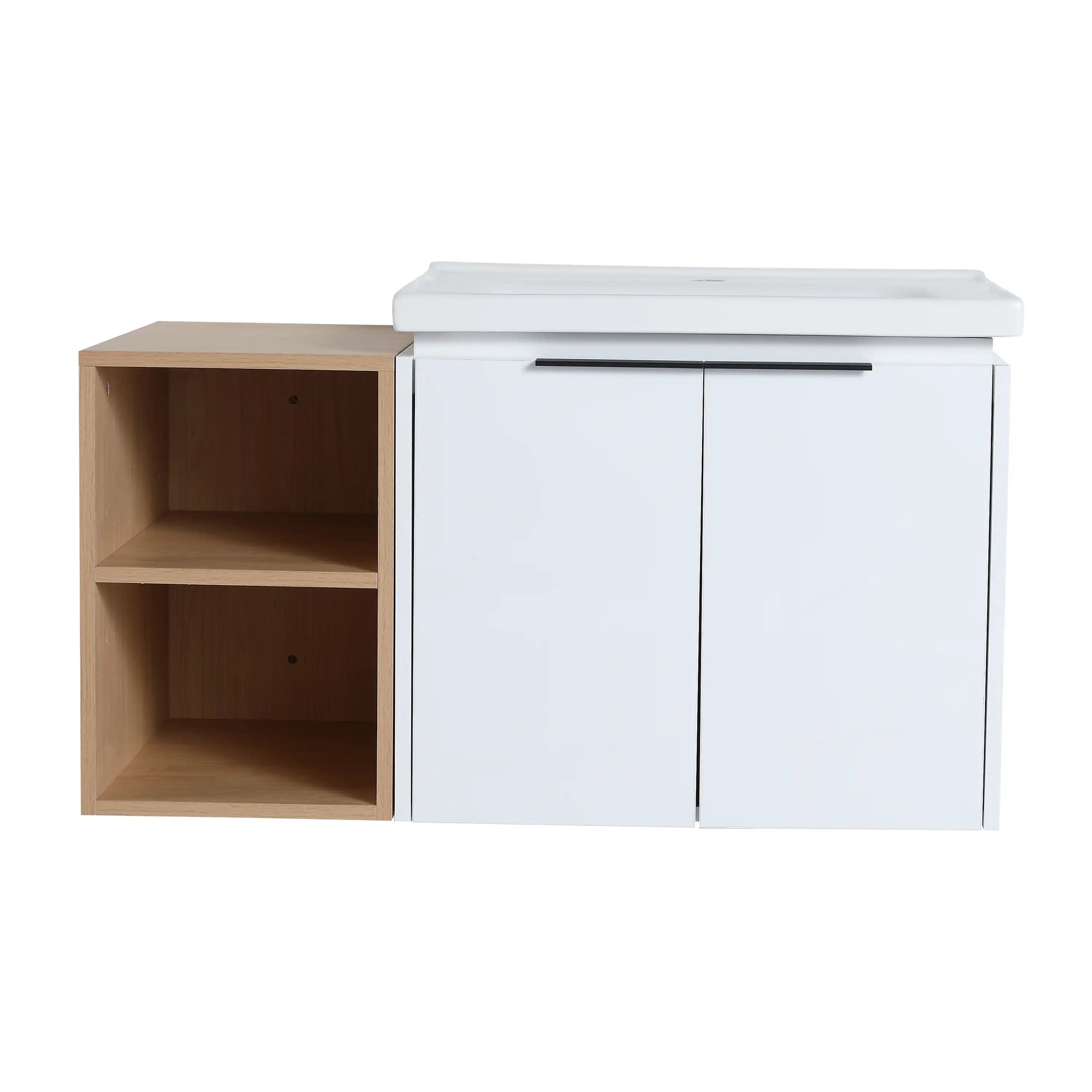 36" bathroom vanity with side shelf and ceramic sink front view modern floating design | Ace Decor