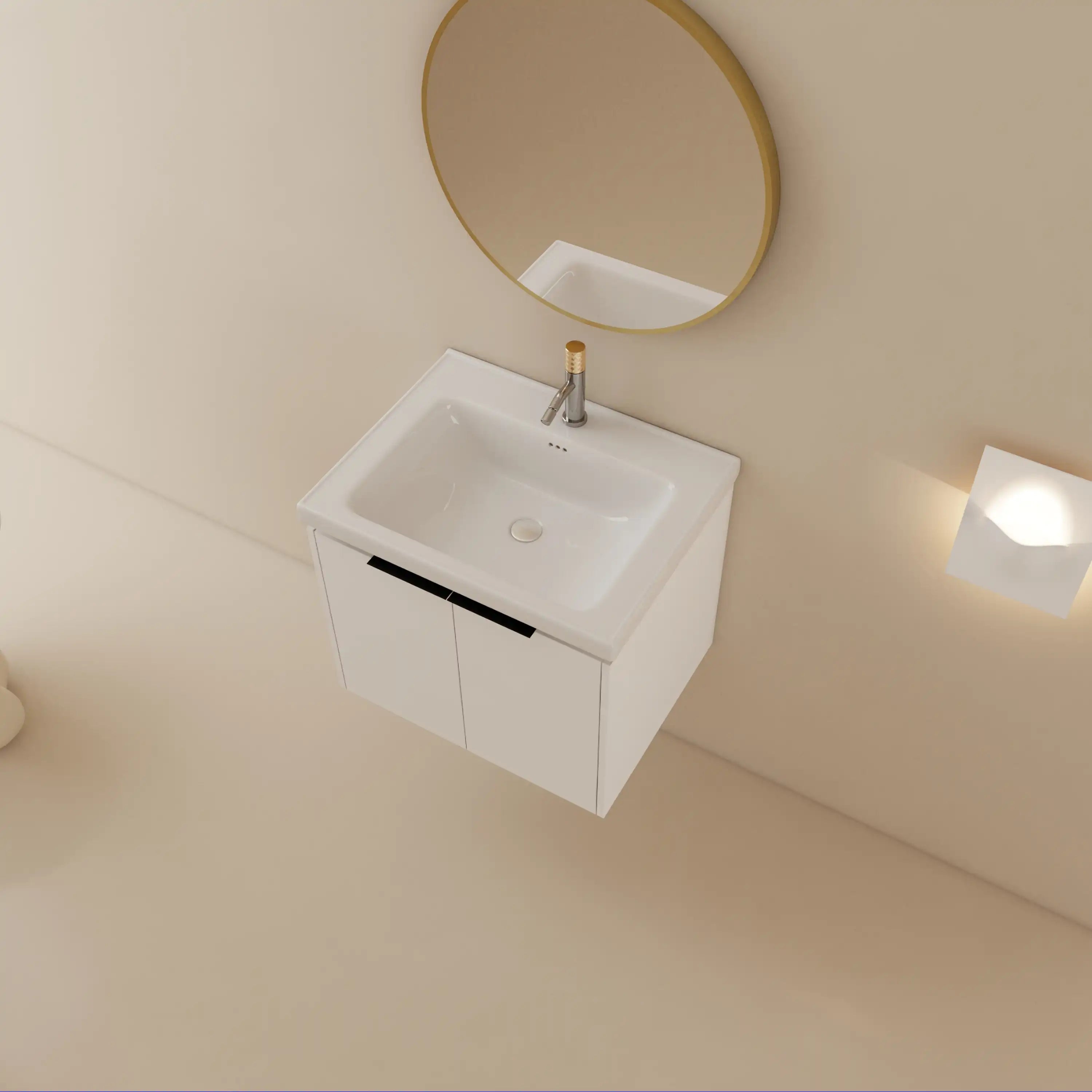 24 inch wall mounted vanity modern floating bathroom cabinet with ceramic sink and round mirror.