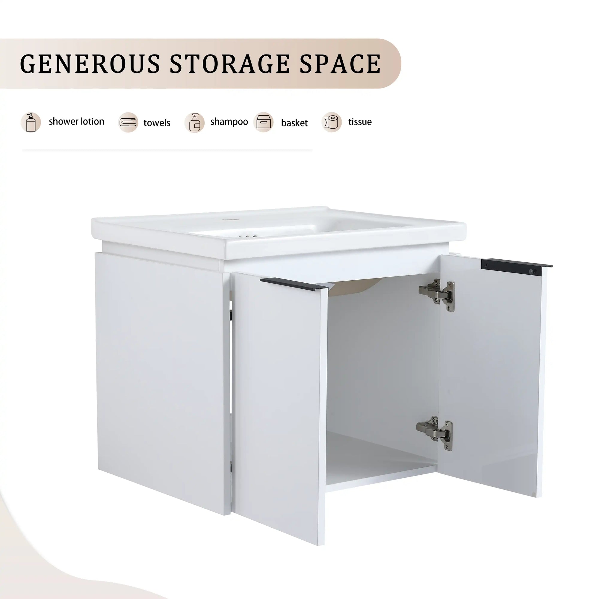 48" vanity with side shelf open cabinet storage with soft-close door detail | Ace Decor