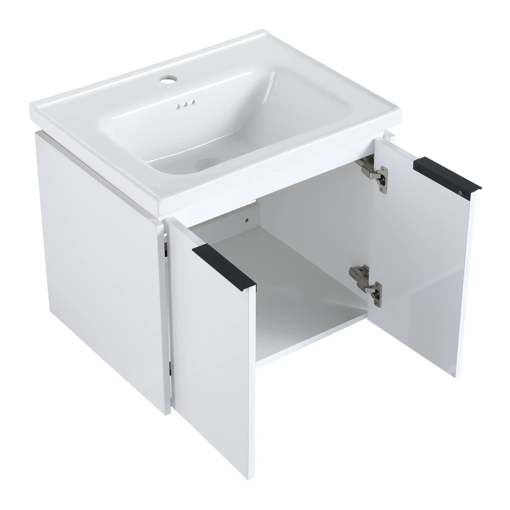 24 inch wall mounted vanity with ceramic sink and open storage cabinet view | Ace Decor