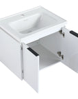 24 inch wall mounted vanity with ceramic sink and open storage cabinet view | Ace Decor