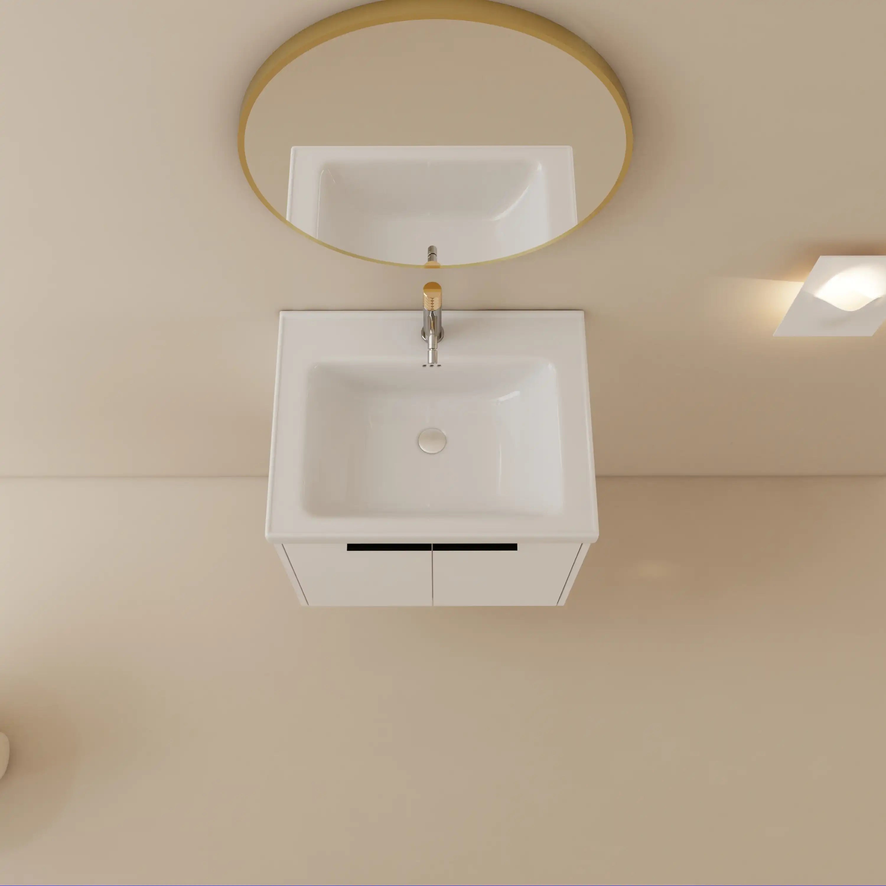 24 inch wall mounted vanity top view showing integrated ceramic basin and faucet setup.