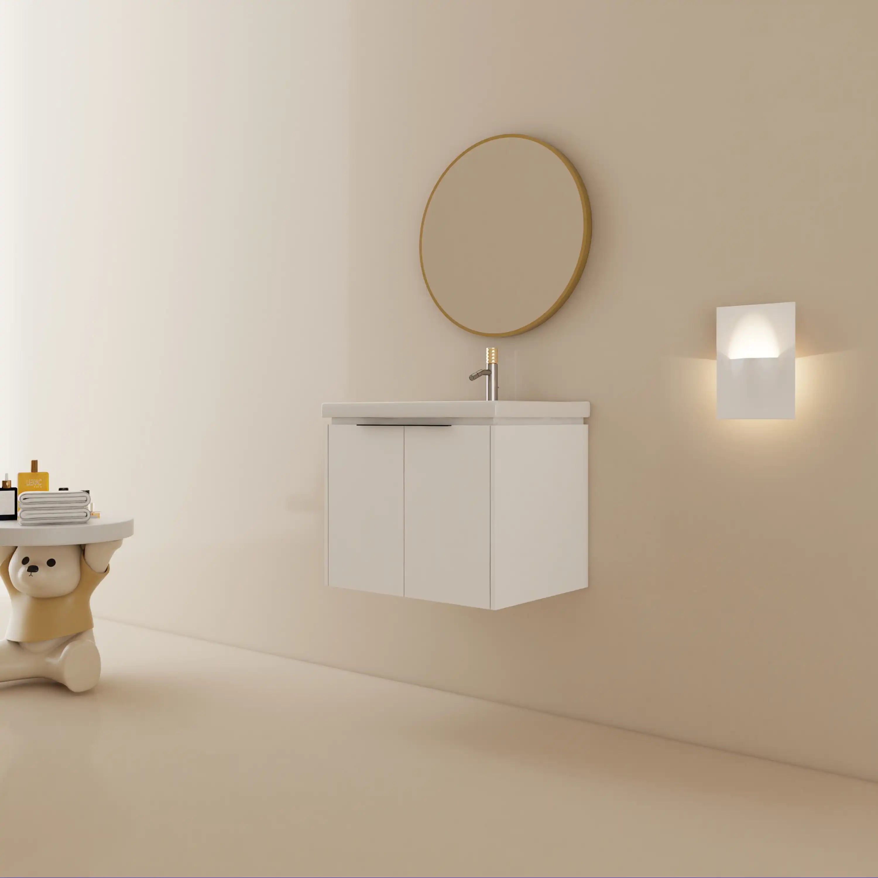 24 inch wall mounted vanity modern floating bathroom cabinet installed with round mirror.