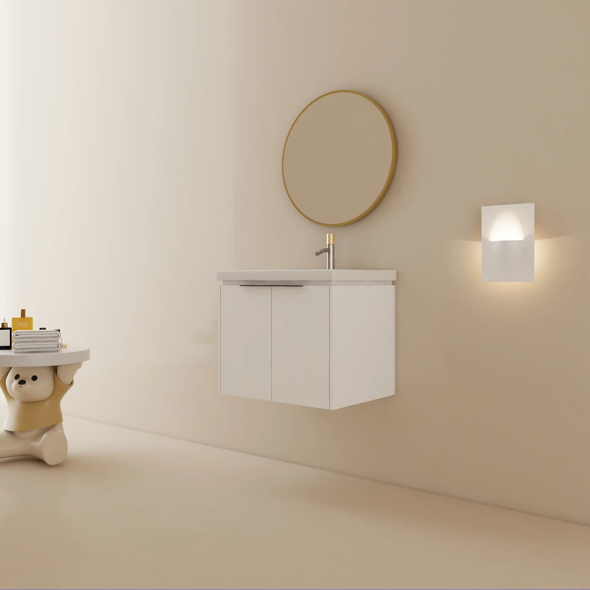 24 inch wall mounted vanity modern floating bathroom cabinet installed with round mirror | Ace Decor