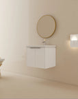 24 inch wall mounted vanity modern floating bathroom cabinet installed with round mirror | Ace Decor