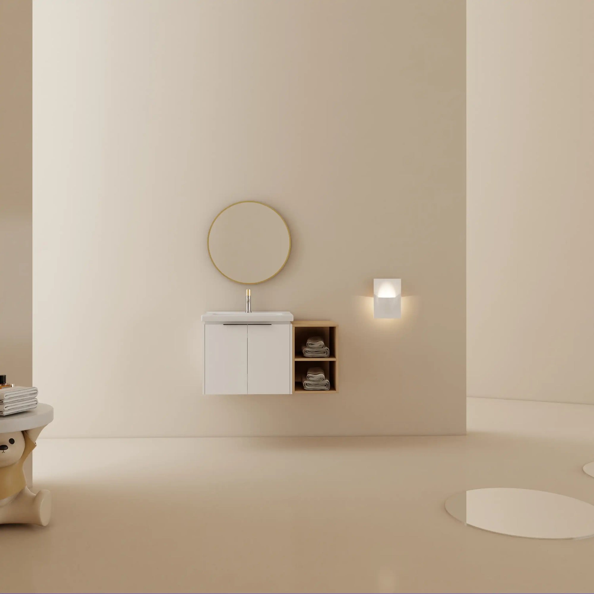 36" bathroom vanity with side shelf modern wall mounted vanity installed in minimalist bathroom | Ace Decor