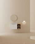 36" bathroom vanity with side shelf modern wall mounted vanity installed in minimalist bathroom | Ace Decor