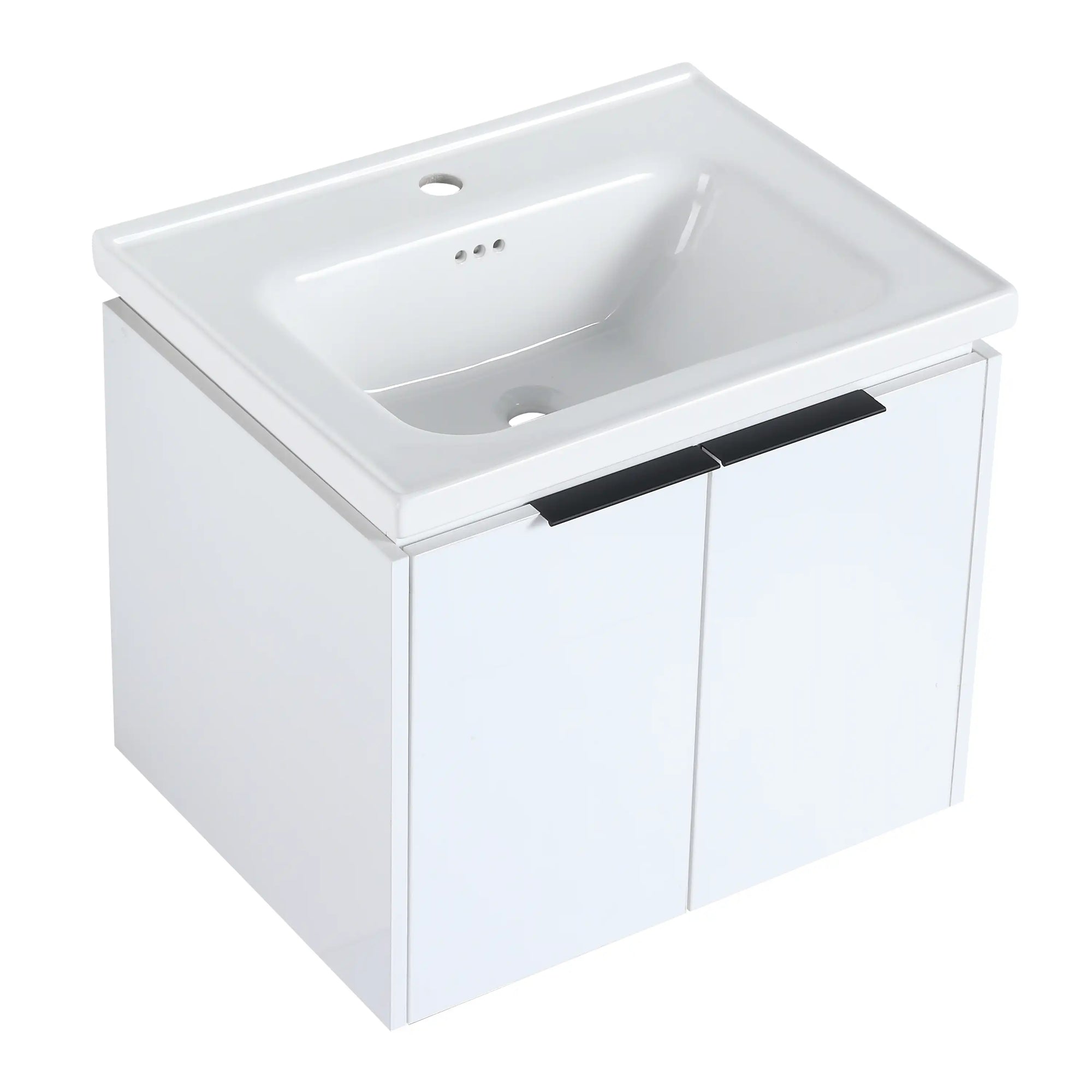 24 inch wall mounted vanity with integrated ceramic sink and modern matte black handle | Ace Decor