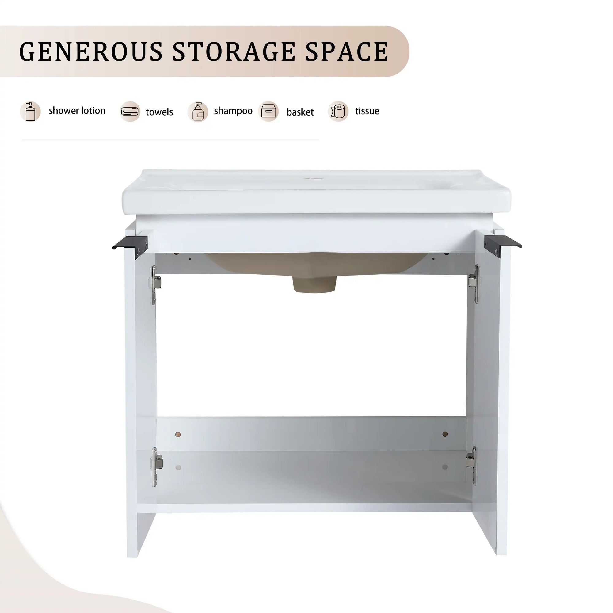 24 inch wall mounted vanity with open cabinet showing generous interior storage space | Ace Decor