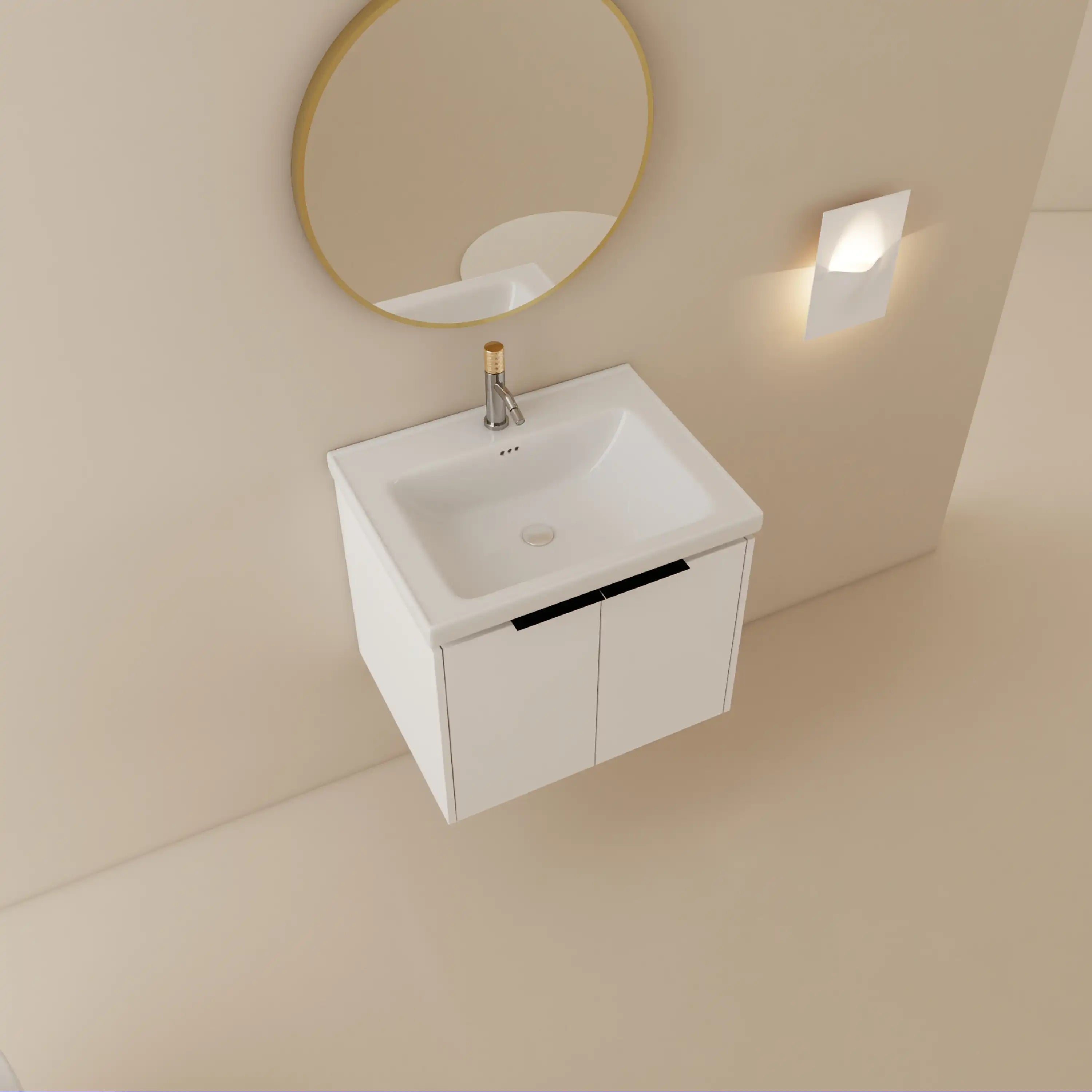 24 inch wall mounted vanity modern floating bathroom cabinet with ceramic sink and round mirror.