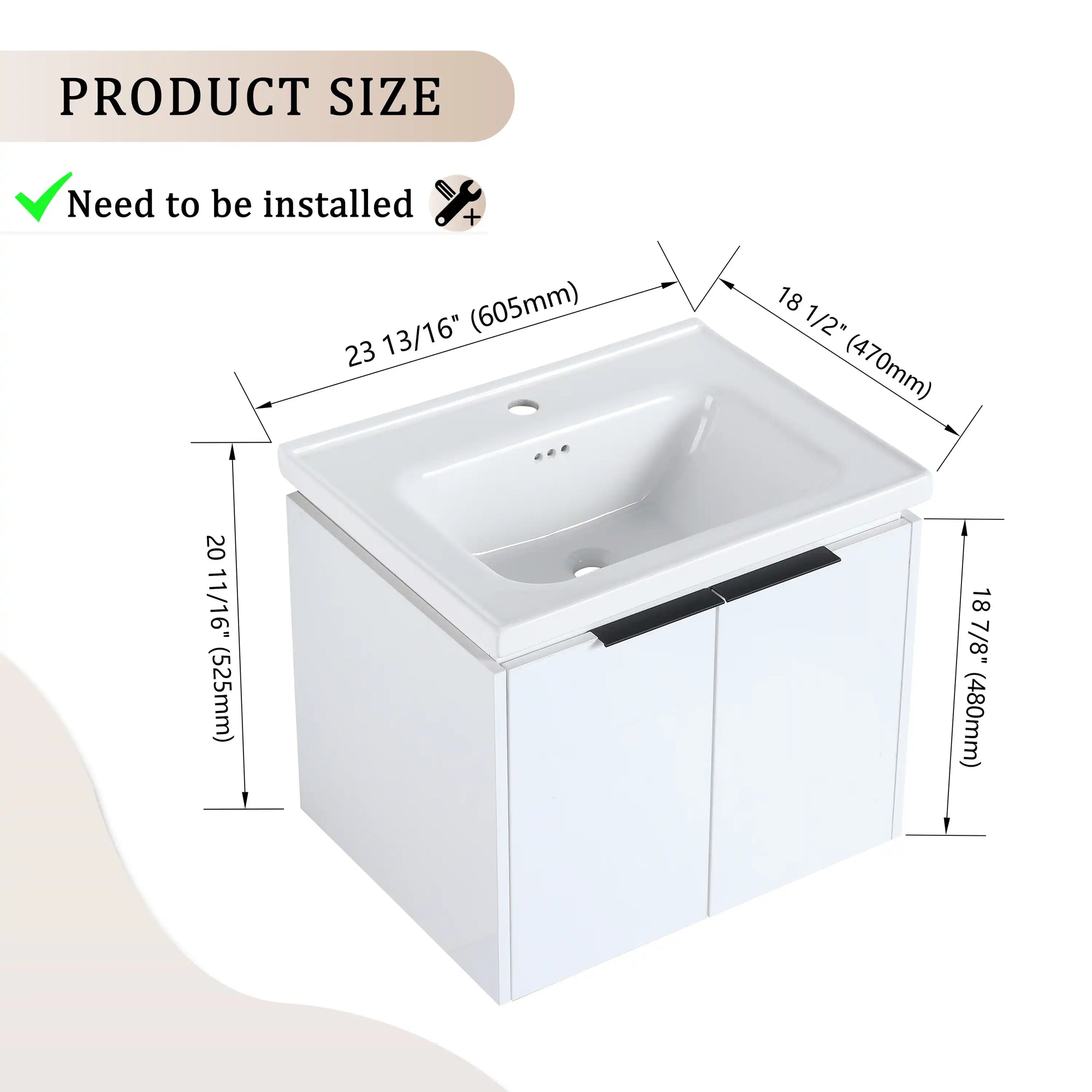 24 inch wall mounted vanity product size dimensions diagram for bathroom installation | Ace Decor