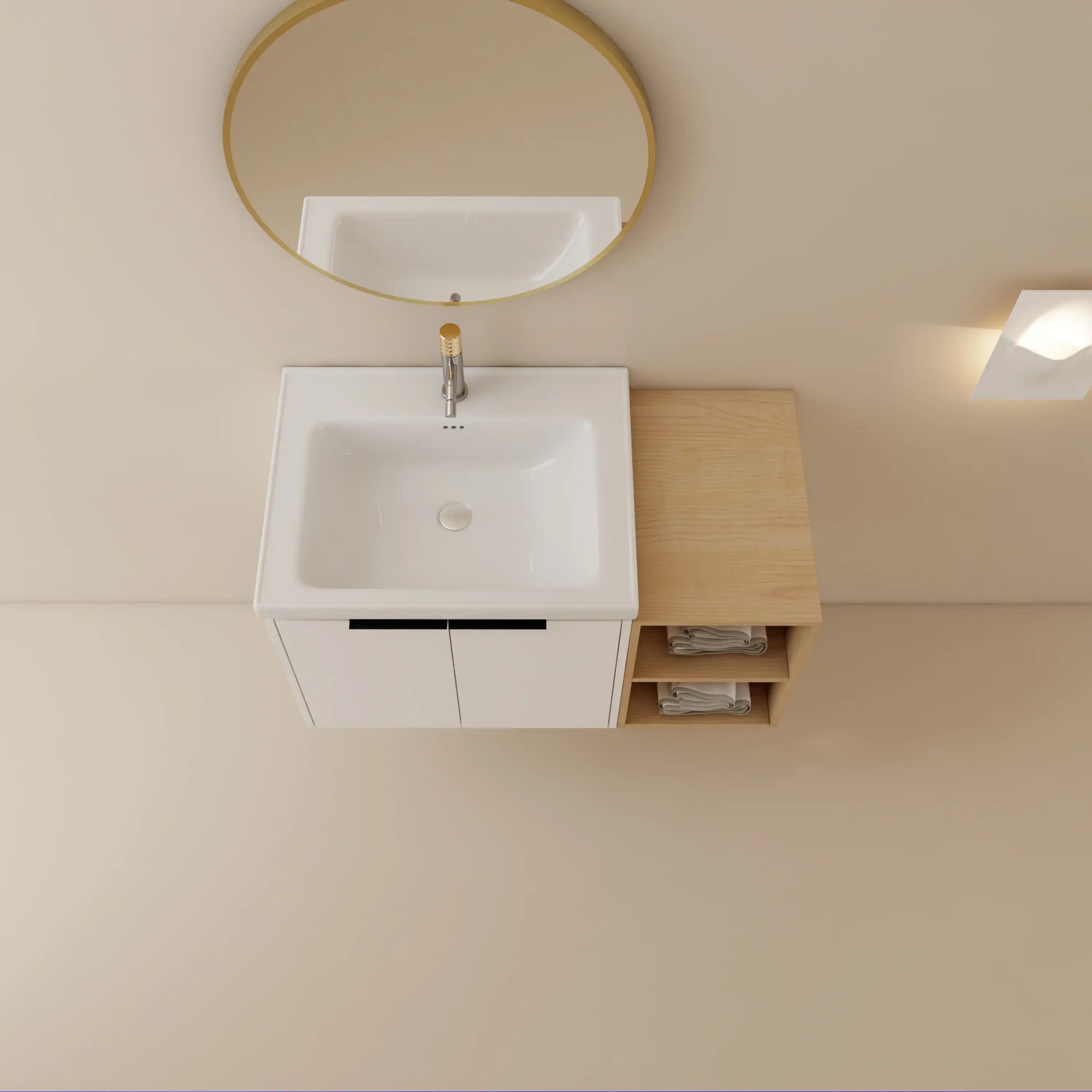 36" bathroom vanity with side shelf top view showing sink and open shelf storage | Ace Decor