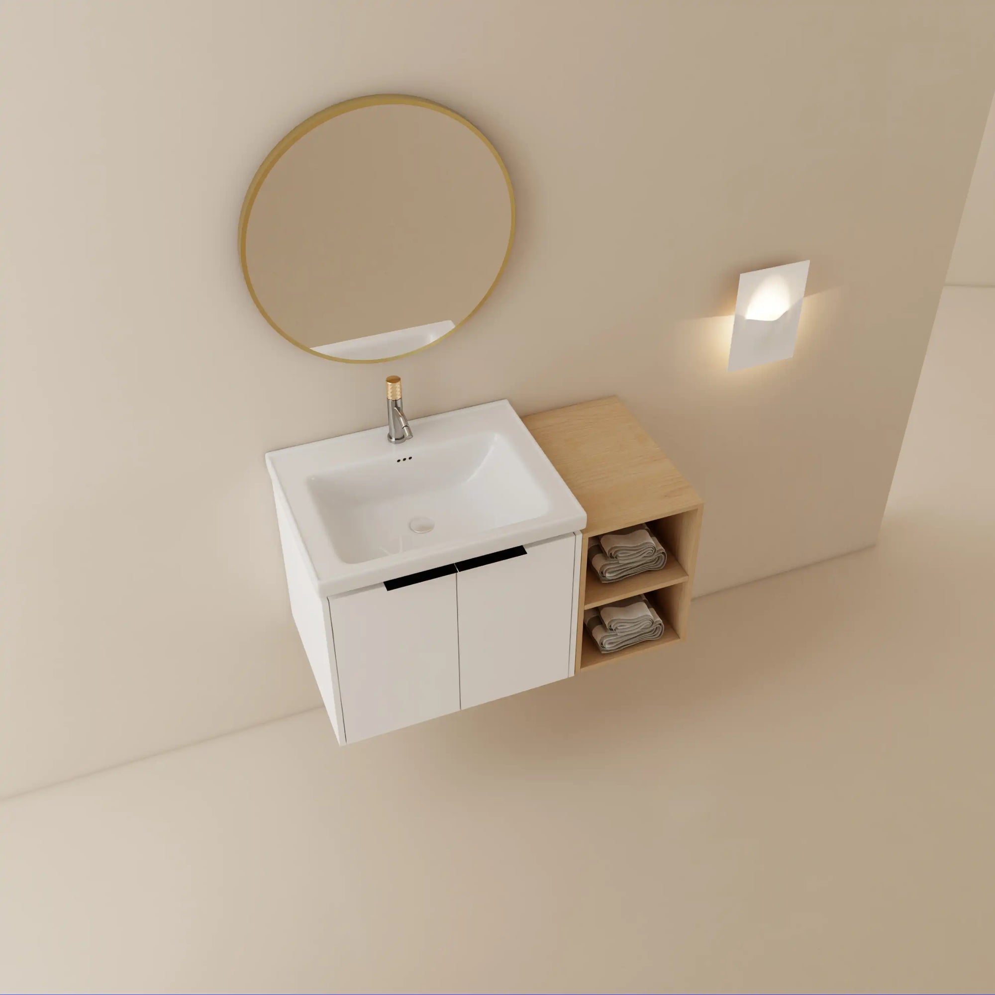 36" bathroom vanity with side shelf angled view showing sink and towel shelf storage | Ace Decor