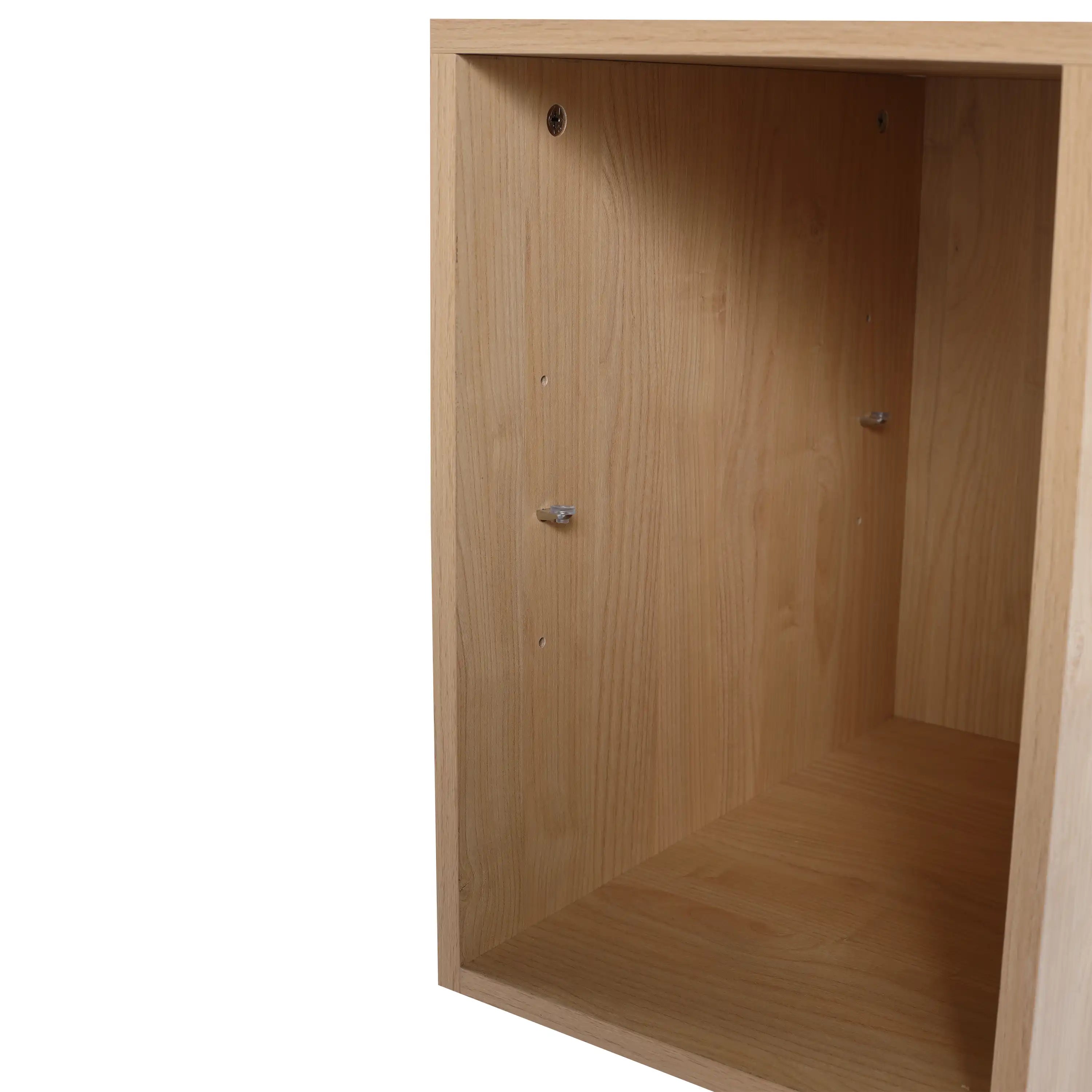 Adjustable side shelf design on the black walnut bathroom floating vanity.
