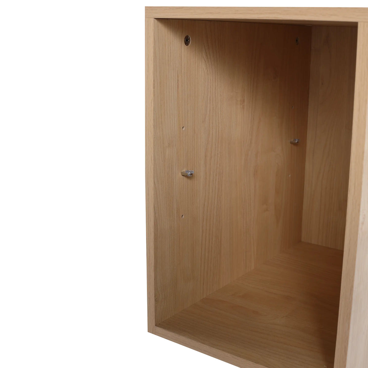 Adjustable side shelf design on the black walnut bathroom floating vanity.
