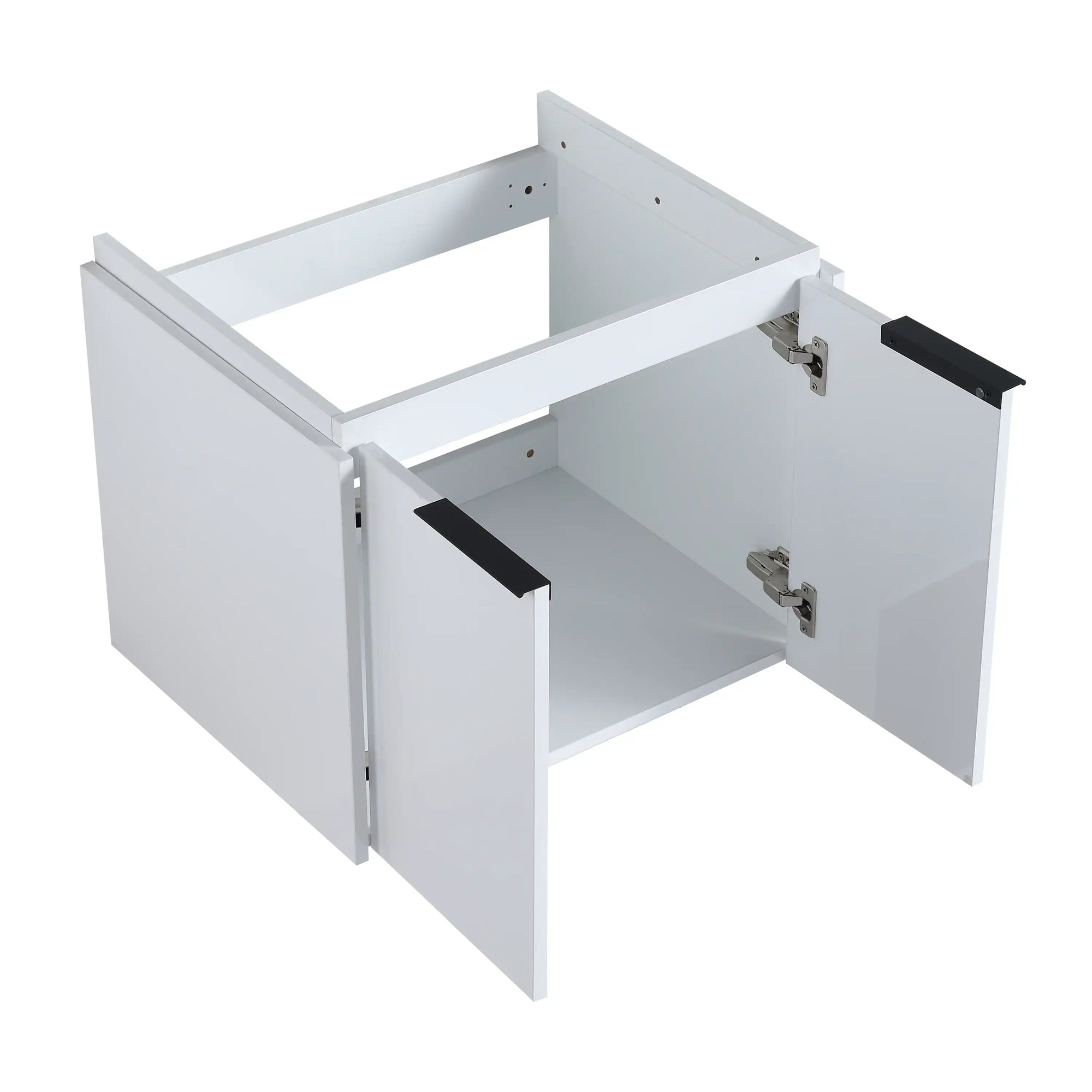 24 inch wall mounted vanity cabinet frame with open doors showing interior storage | Ace Decor