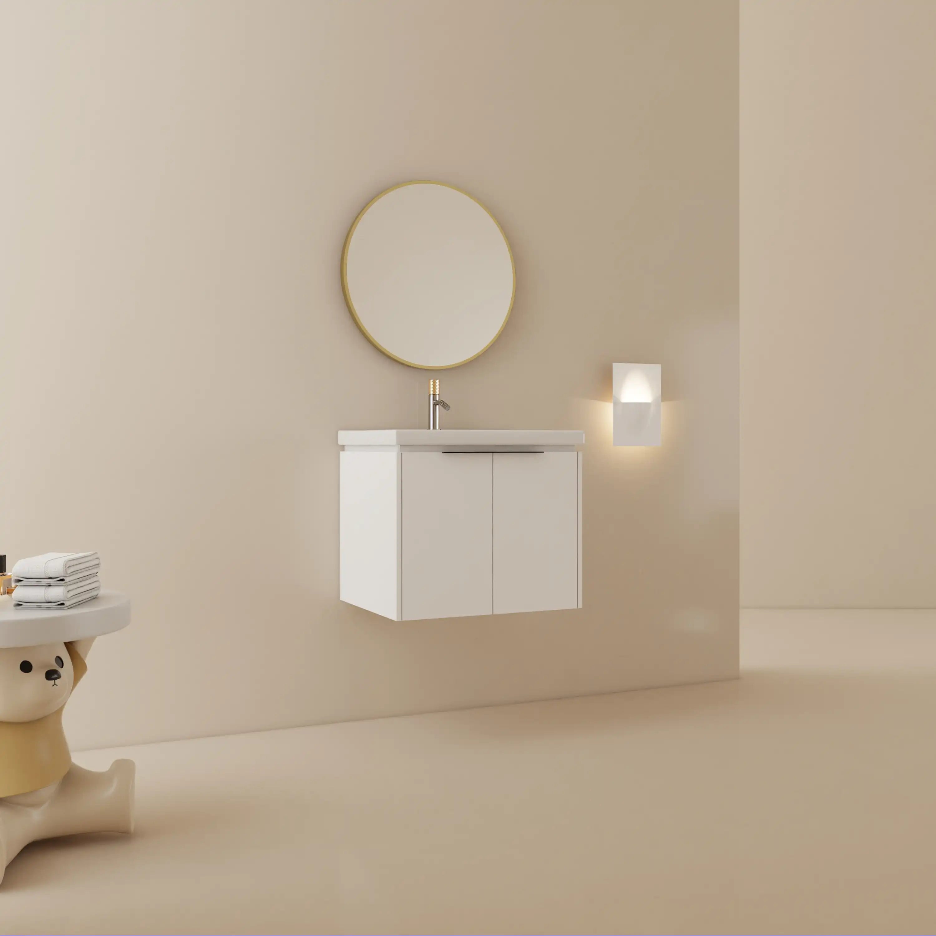 24 inch wall mounted vanity modern floating bathroom cabinet with mirror and faucet.