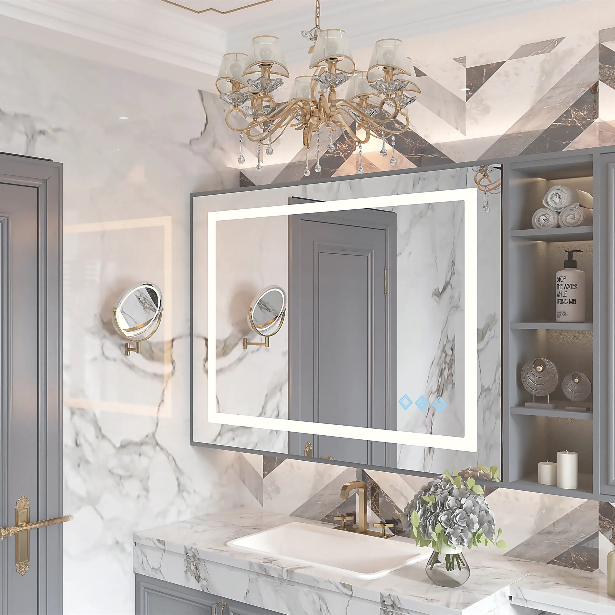 Optera 48-inch LED bathroom mirror installed in a modern vanity with magnifying mirror, marble countertop, and integrated storage.