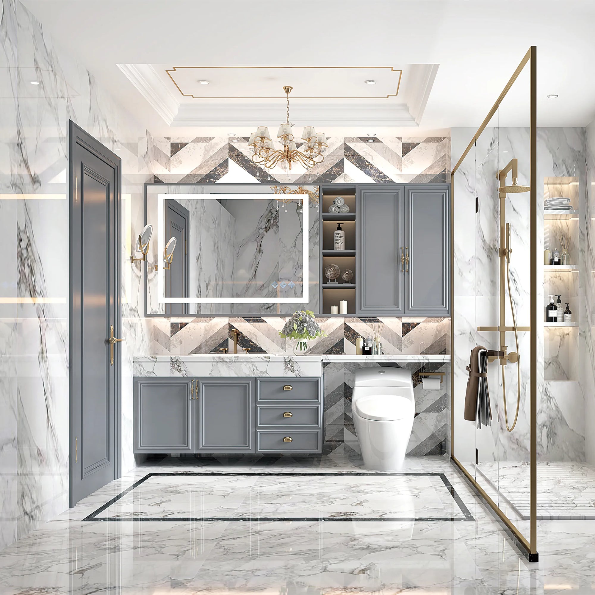 Luxury marble bathroom featuring the Optera 48" LED mirror above a gray vanity, with gold accents, glass shower, and elegant ambient lighting.
