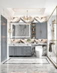 Luxury marble bathroom featuring the Optera 48" LED mirror above a gray vanity, with gold accents, glass shower, and elegant ambient lighting.