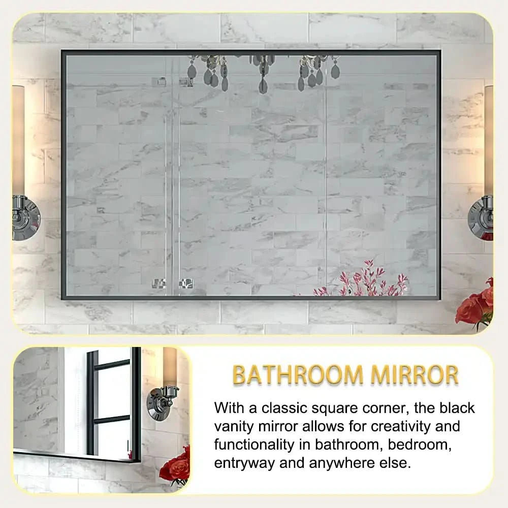 Glossy Black Rectangular Bathroom Mirror with Metal Frame color: Black