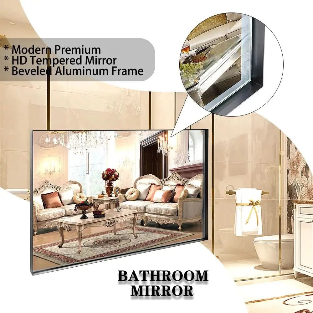 Glossy Black Rectangular Bathroom Mirror with Metal Frame color: Black