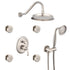Avelar brushed nickel shower system featuring rainfall showerhead, handheld sprayer, wall jets, and single-handle control for a spa-like experience.