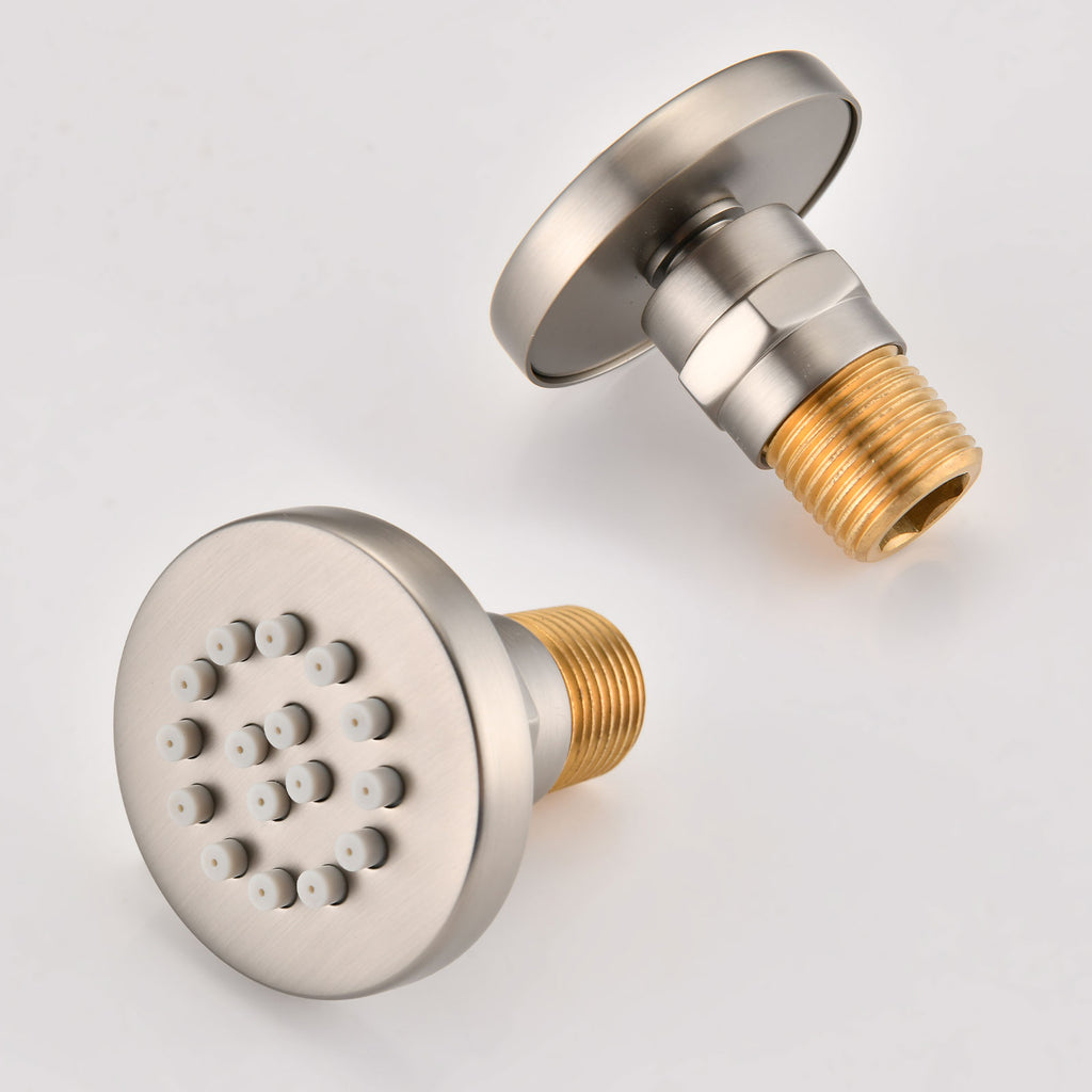 Avelar brushed nickel shower body jets with silicone nozzles for high-pressure spray.