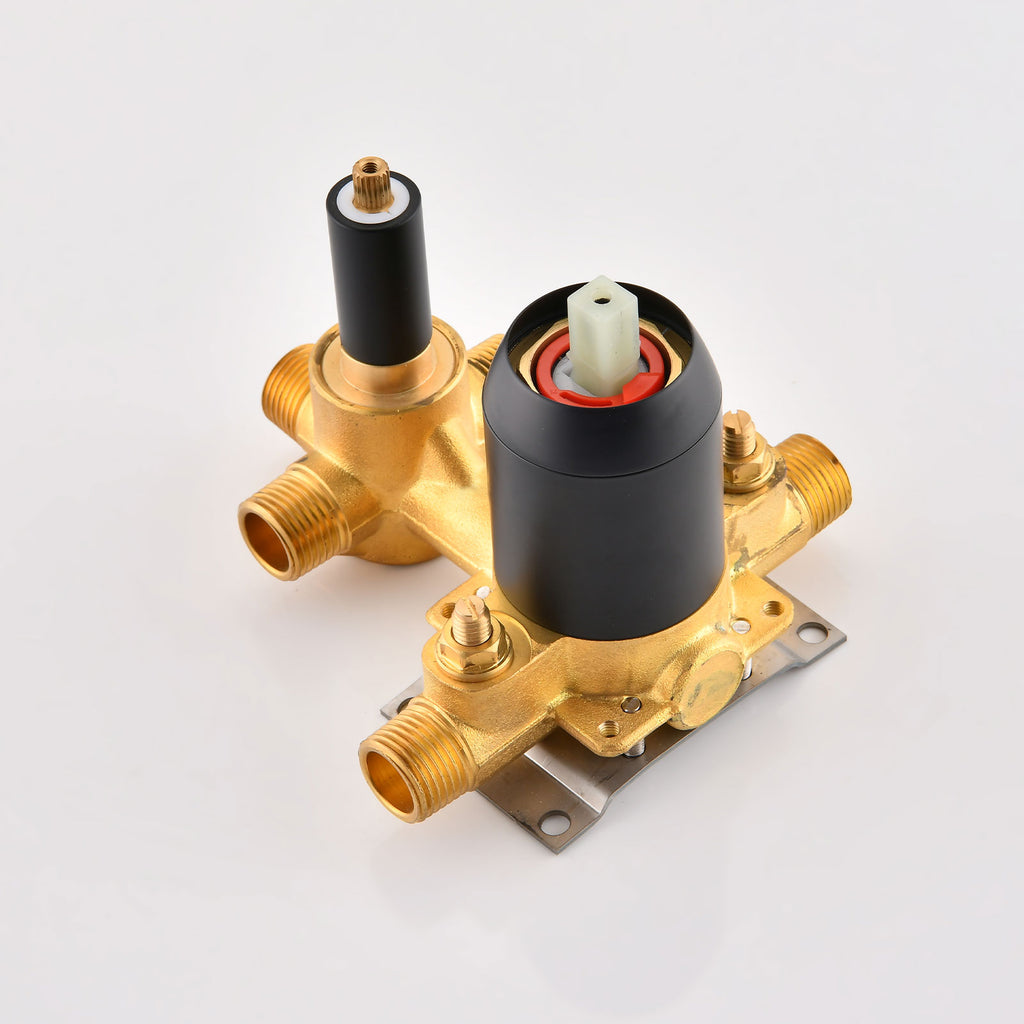 Solid brass shower valve with integrated diverter for temperature and flow control.