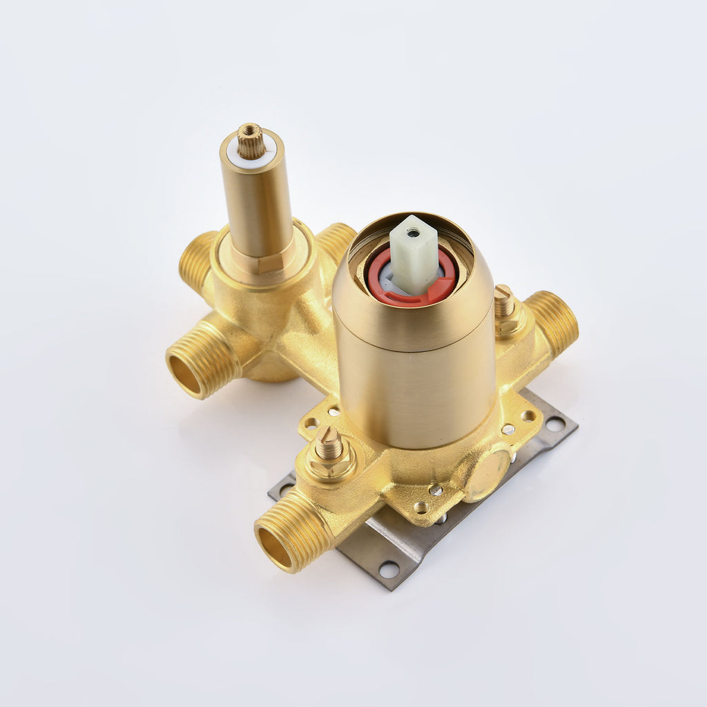 Solid brass shower valve with integrated diverter for temperature and flow control.