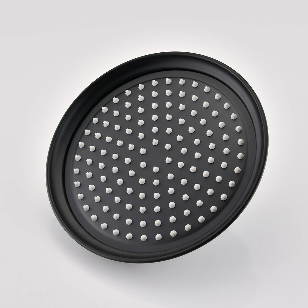 Avelar 9-inch matte black rain shower head with soft rubber spray holes for easy cleaning.