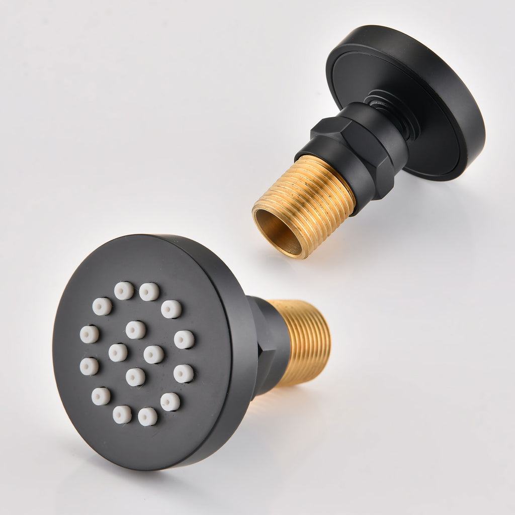 Avelar matte black shower body jets with silicone nozzles for high-pressure spray.