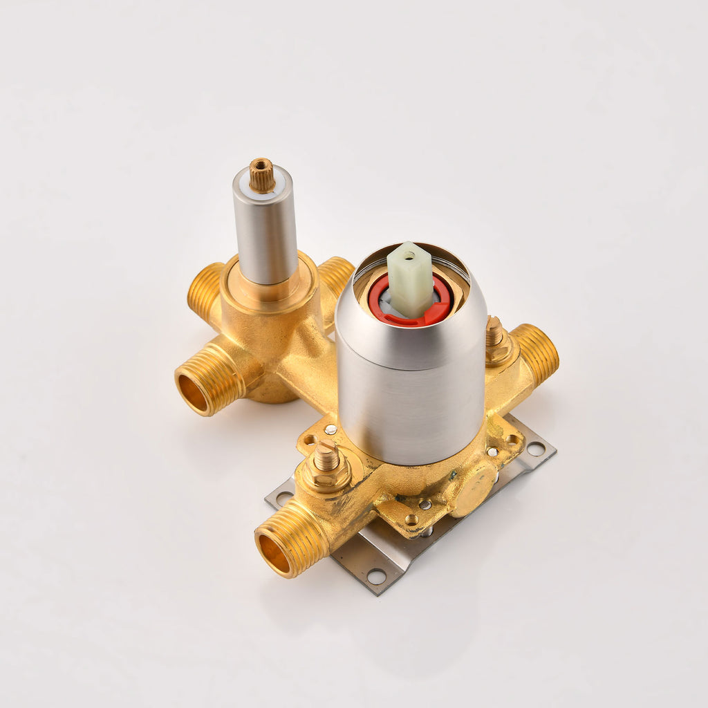Solid brass shower valve with integrated diverter for temperature and flow control.